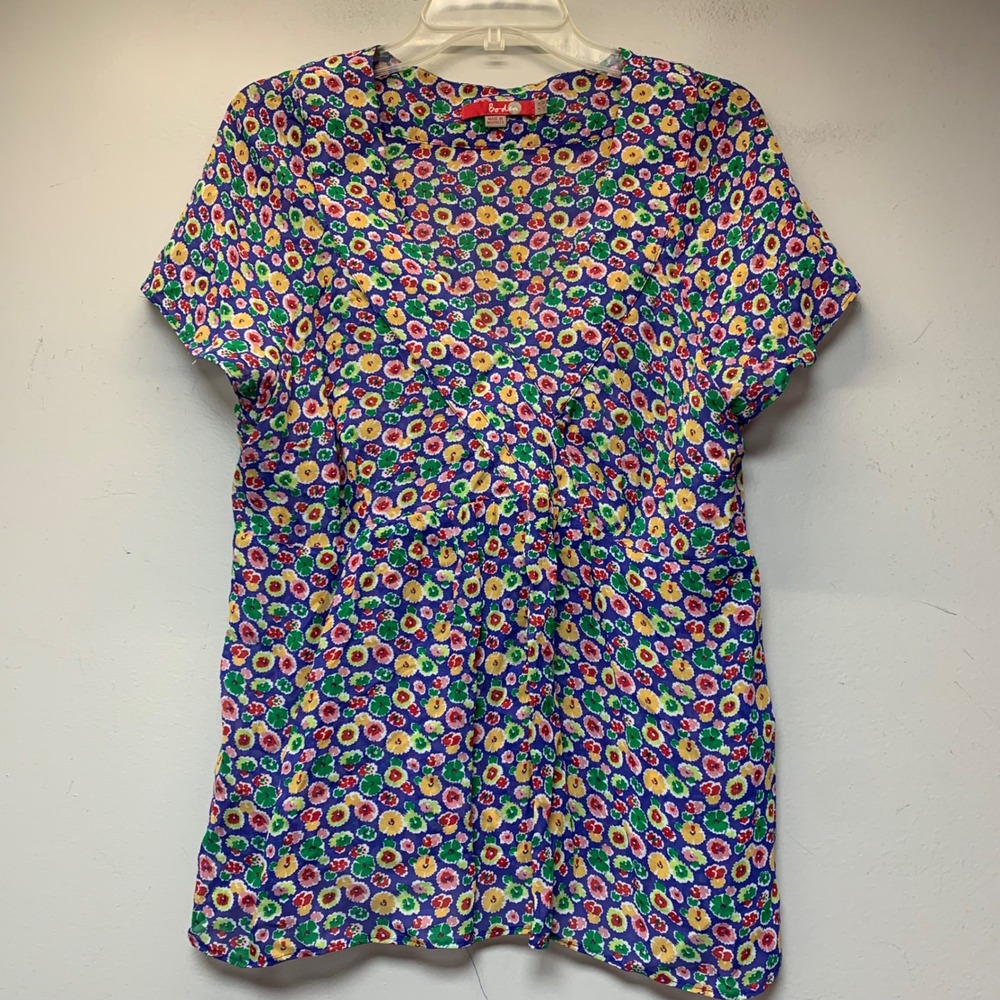 Boden Floral Blouse Womens 10 Blue Multicolor Excellent V-Neck Short Sleeve Top